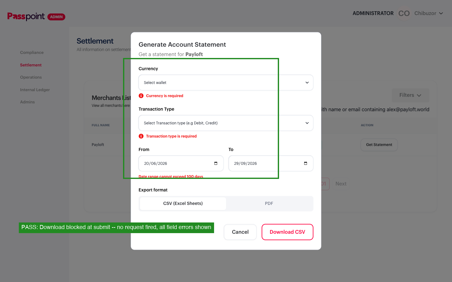 Clicking Download with an invalid range surfaces all field errors and fires no request