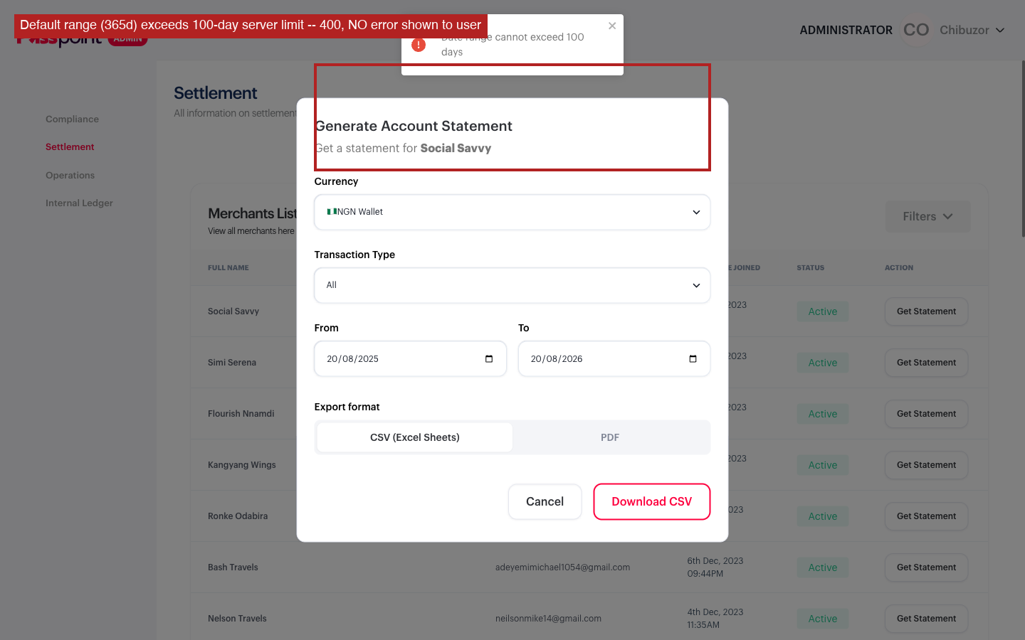 400 error on default date range, no UI feedback