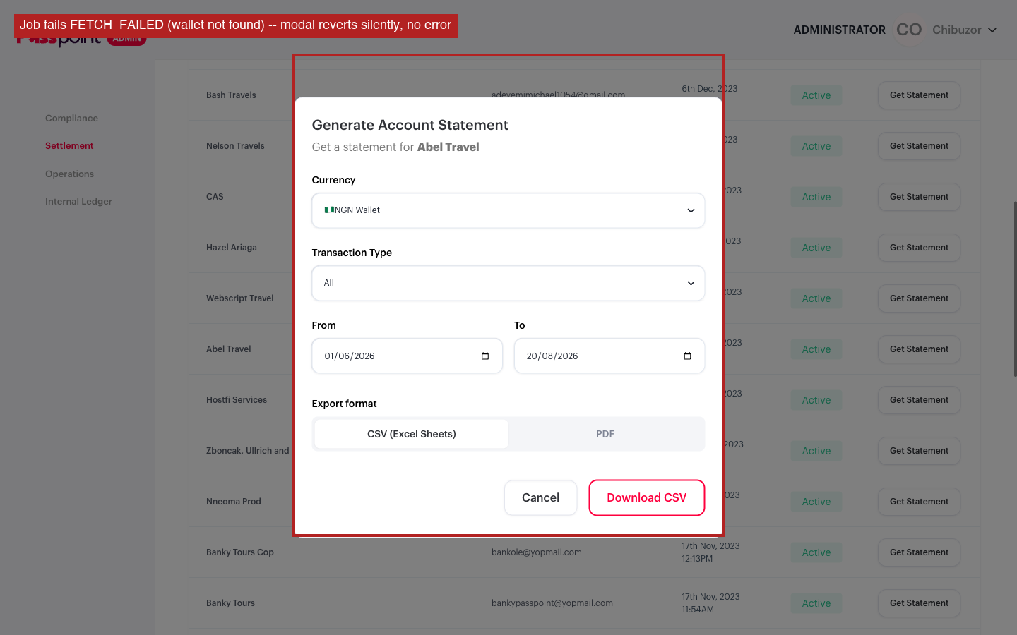FETCH_FAILED wallet not found, no error shown to user